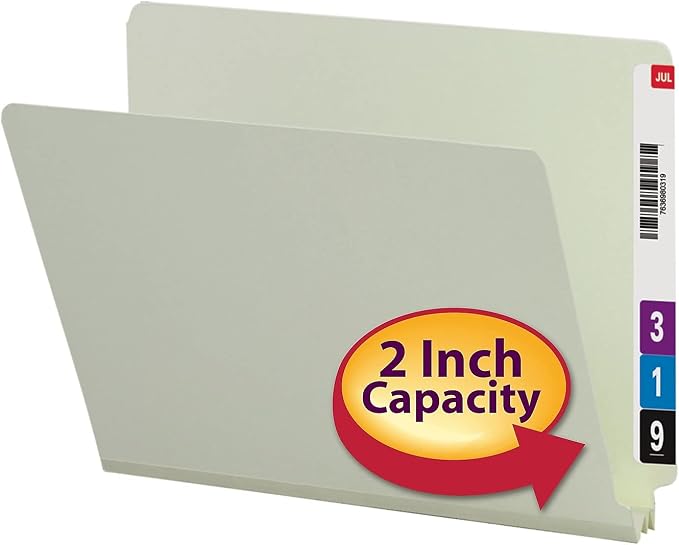 Smead End Tab Pressboard File Folder, Straight-Cut Tab, 2" Expansion, Letter Size, Gray/Green, 25 per Box (26210)
