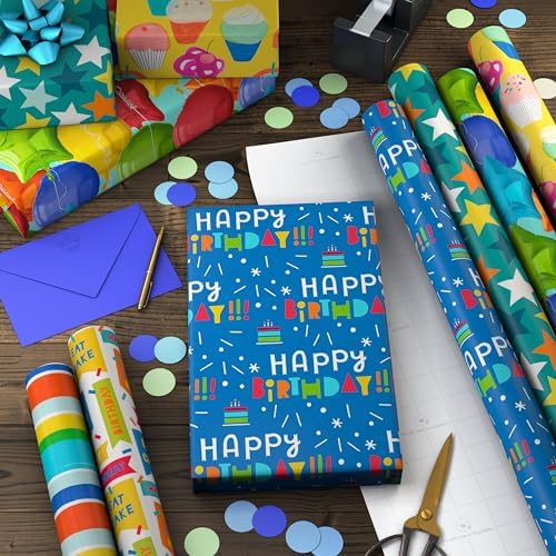 Hallmark Birthday Wrapping Paper Rolls, 6 Rolls (Stars, Stripes, Balloons)