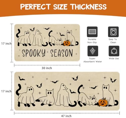 Ghost Black Cat Halloween Kitchen Rugs and Mats Set of 2, (17"x47"+17"x30") Gothic Cute Spooky Season Pumpkin Trick Or Treat Non Skid Washable Runner Rugs for Home Decor Decorations and Accessories