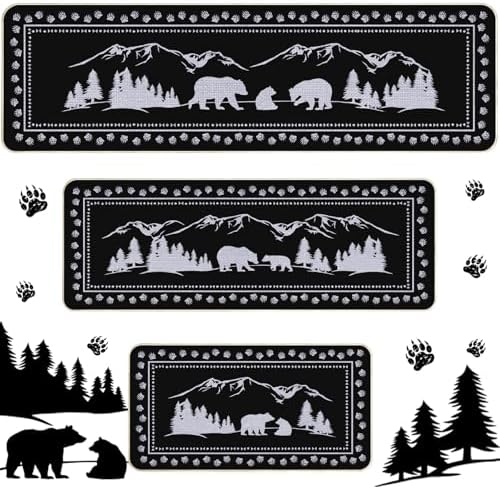 Pickmesh Set of 3 Kitchen Mats Cabin Bear Rugs Woodland Nursery Mat Decor Rustic Lodge Theme Area Rug with Bear and Cub Mountain Scene Cabin Carpet for Home Bathroom (Classic Style)