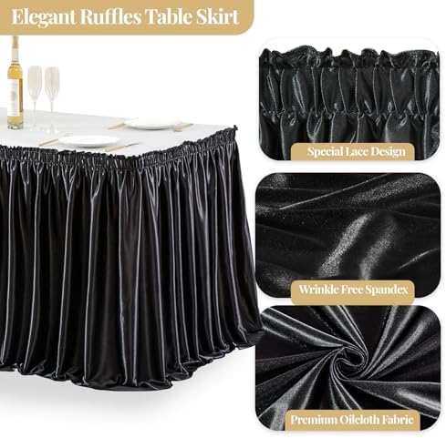 Wish Care 17ft Black Satin Long Table Skirt for Rectangle Tables Wrinkle Free Teacher Desk Skirt Glitter Ruffle Table Skirting Cloth for Back to School Classroom Office Dorm Birthday Party Table Decor
