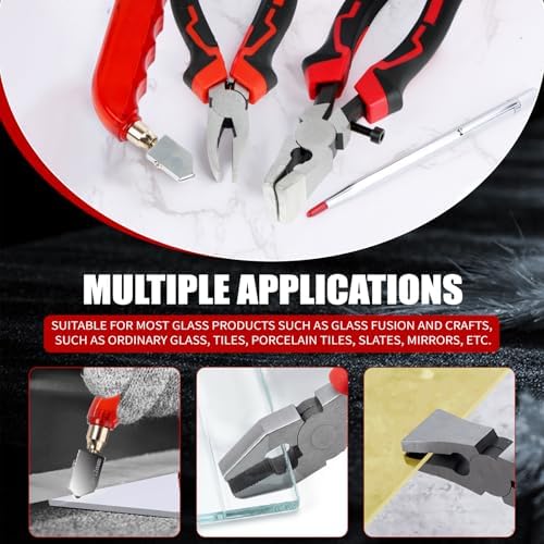 YOTINO Glass Cutting Tools, 9PCS Glass Cutter Glass Running Pliers Breaking Grozer Pliers,Tungsten Scribe Engraving Pen, Oil Feed Glass Cutters Tools Kit for Stained Glass, Tiles, Mosaic Cutting