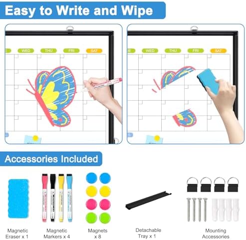 Dry Erase Calendar Whiteboard for Wall, 24" x 18" Month White Board Black