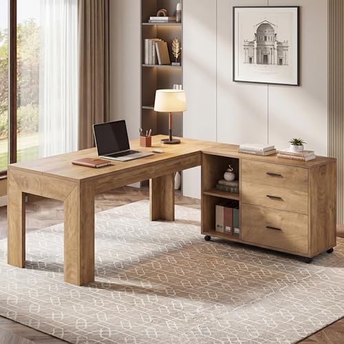 Tribesigns L Shaped Executive Office Desk with Drawers, Light Brown
