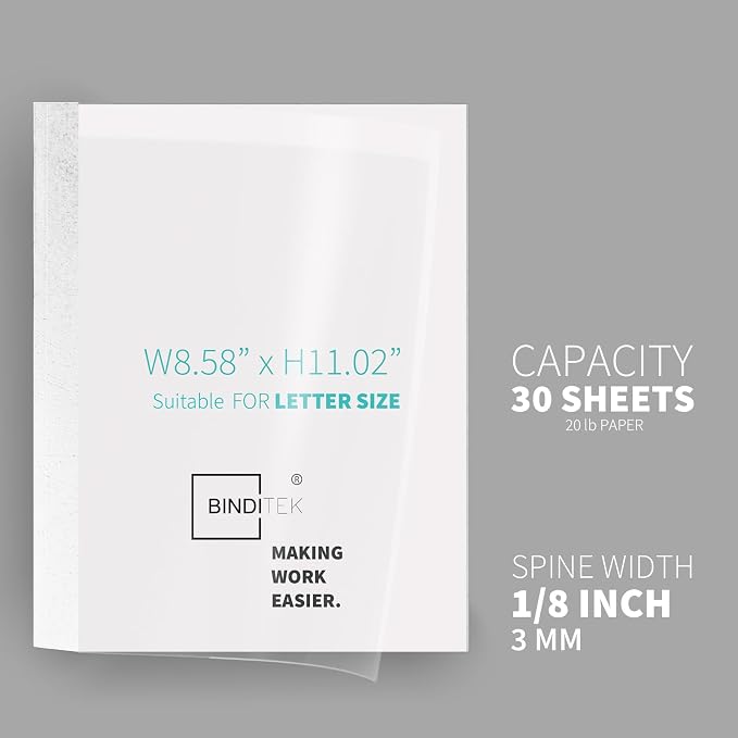 Binditek Thermal Binding Presentation Covers, 1/8 Inch Spine,White,10 Pack | Thermal Binding Covers, 30 Sheets Capacity, Ultra Clear Front, White Paper Back Cover, Letter Size, for Students & Coworkers