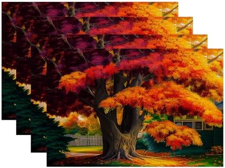 Batmerry Autumn Maple Trees Linen Placemats Set of 4, Fiery Red Leaves Houses Gardens Washable Table Mats for Kitchen Table Thickened Heat Insulation Dining Set Indoor Outdoor 12X18 in