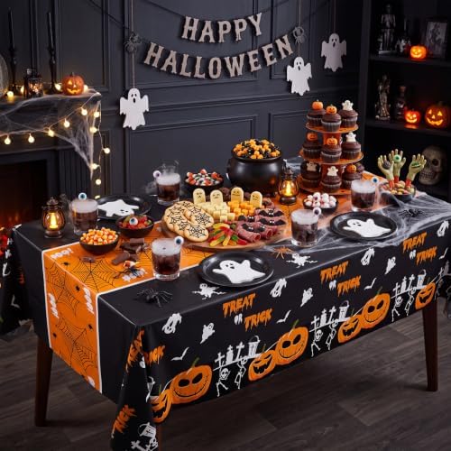 54 Inch X 100 Feet Plastic Table Cover Roll Disposable Halloween Tablecloth with Slide Cutter Pumpkin Ghost Plistic Table Covers for Halloween Party Decorations(Halloween Table Runner, 100Feet)
