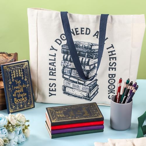 Fulmoon 5 Set Christmas Book Club Gifts Bulk Book Lovers Canvas Tote Bags with Notebooks Ballpoint Pens for Bookish Librarian Reader Women Gifts