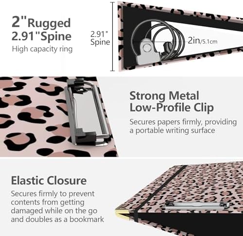 2 Inch 3 Ring Binder, Round Ring Binder with 6 Tab Dividers, 2 Interior Pockets, Cute Binders Clipboard with Storage for Letter-Size, Folders Organizer for School Office, Portfolio (Cheetah Spots)
