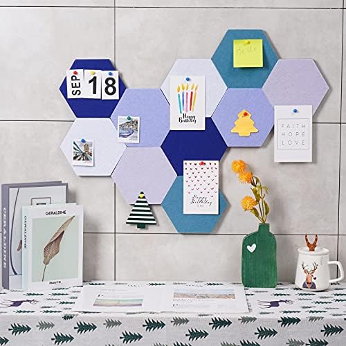 10Pcs Self Adhesive Felt Board Tiles Hexagon Bulletin Board for Walls, Felt Cork Pin Board for Pictures Photos Memos with Push Pins (Color C)