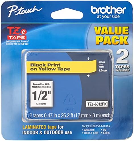 Brother Genuine P-Touch, TZe-6312Pk Tape ½” (12mm) 2-Pack Laminated P-Touch Tape, Black On Yellow Perfect for Indoor Or Outdoor Use, Water Resistant, 26.2 Ft. (8M)