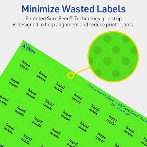 Avery® Printable Round Labels, Sure Feed® Technology, 3/4" Diameter, Neon Green Labels, Print-to-the-Edge, Laser/Inkjet, 800 Total, Great for Price Stickers and Mailing Seals