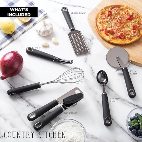 Country Kitchen 6 Pc Essentials Kitchen Stainless Steel Gadget Set Black Gun Metal with Soft Touch Black Handles for Cooking