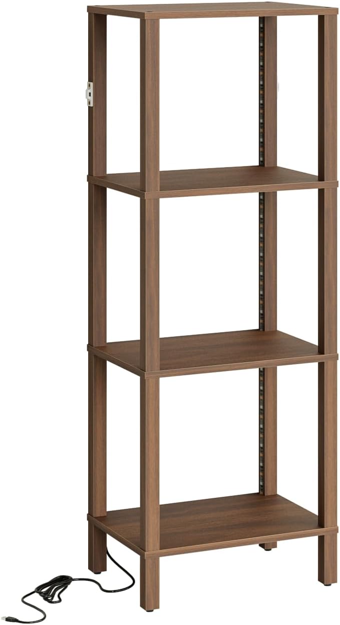 Open Book Shelf with LED Lights, 4 Tier Small Bookshelf, Freestanding Shelf Narrow Bookcase with Open Shelves, 14.96" x 10.63" x 41.26", Book Shelves for Living Room, Office, Study, Walnut