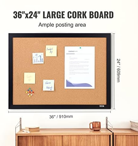VEVOR 24 x 36 Cork Board, Large Bulletin Board with Black MDF Frame, Wall Mounted Pin Board for Office, School and Home Decor, Hanging Message Board for Pictures and Notes, 10 Push Pins Included