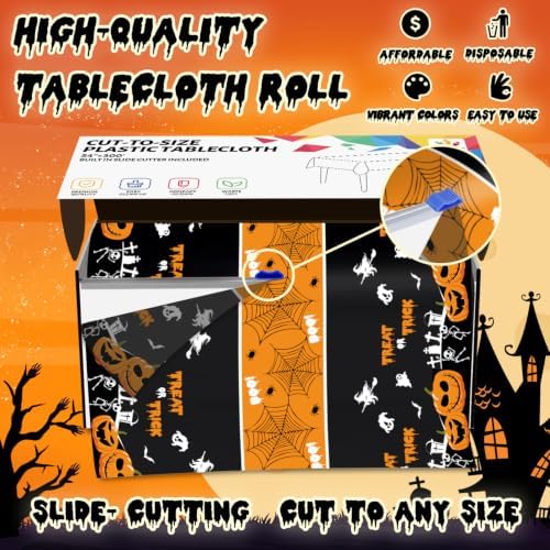 54 Inch X 300 Feet Plastic Table Cover Roll Disposable Halloween Tablecloth with Slide Cutter Pumpkin Ghost Plistic Table Covers for Halloween Party Decorations(Halloween Table Runner, 300Feet)