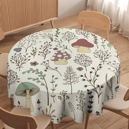 Mushroom Tablecloth, Boho Floral Rustic Wildflower Herbs Plants Colorful Botanical Green Leaves Print Table Cloth for Kitchen Dining Picnic Party Restaurant Decoration, 70x70in