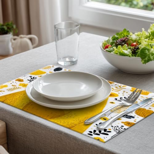 Batmerry Cute The Bear in Mineral Yellow Placemats, Floral Background Washable Linen Table Mats for Kitchen Table Double Insulation Decor Dining Set Indoor Outdoor 12X18 in Set of 6