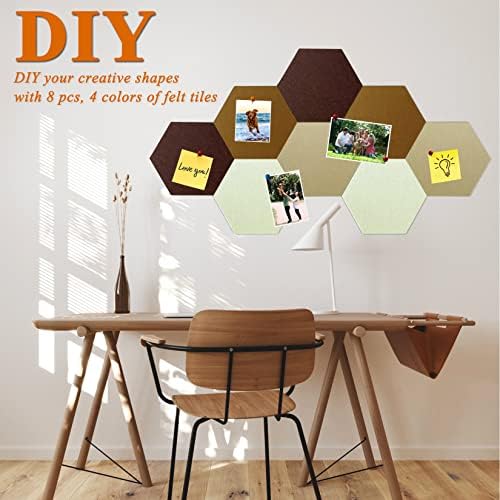 8 Pcs Hexagon Felt Cork Bulletin Board Tiles, Self Adhesive DIY Bulletin Board Pin Board for Office School Home Wall Decor Memos Photos Display (Gradual Brown)