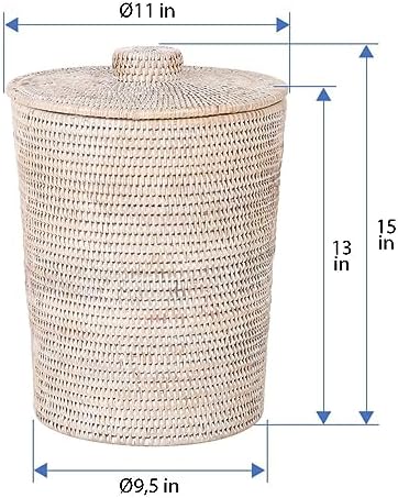 Kouboo La Jolla Rattan Waste Basket with Lid, Large White Wash Insert