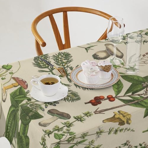 Vintage Botanical Tablecloth, Antique 1900s Mushroom Boho Wildflower Green Herbs Ferns Farmhouse Table Cover for Party Picnic Dinner Decor 55x55in