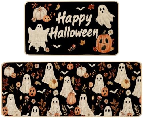 Baccessor Halloween Kitchen Rug Cute Ghost Set of 2,17x29 and 17x47 Inch