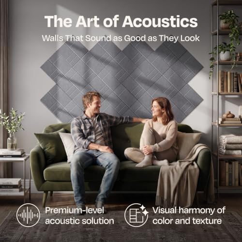 Acoustic Panels 12-Pack Soundproof Wall Panels 12"x12"x0.4" Decorative Sound Dampening for Your Home, Office, Studio, Bedroom & More with Unique GridFrame Carving [Pebble Gray]