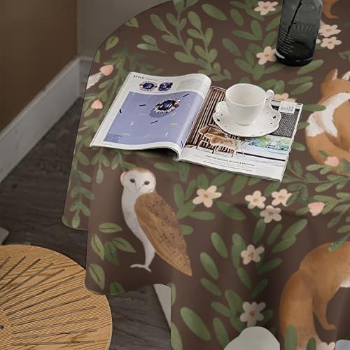 Woodland Animals Tablecloth, Rustic Forest Fox Owl Bird Green Plants Leaves Print Table Cover for Farmhouse Kitchen Dinning Indoor Outdoor Party Decor, 36x36in