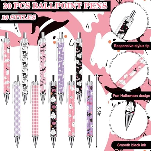 JarThenaAMCS 60Pcs Halloween Stationery Set White Pink Purple Ghost Sticky Note Pads with Boo Ghost Ballpoint Writing Pens for Office Classroom Party Favors Supplies