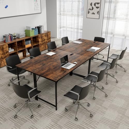 COSTWAY Home Office Desk, 32 Inch Computer Desk with Recessed Power Strip, Storage Bag & Headphone Hook, Wide Desktop, Modern Computer Workstation Writing Table for Home, Office (Rustic Brown + Black)