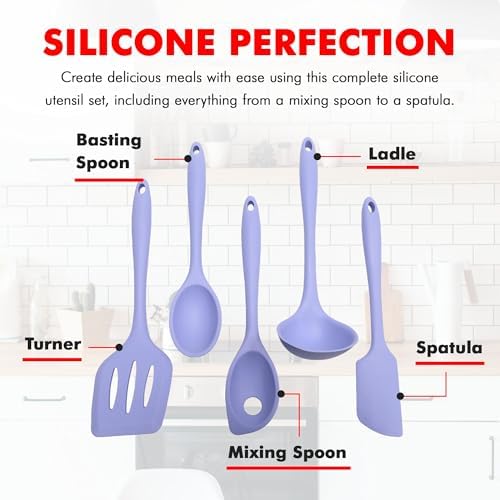 Chef Craft - Premium Silicone Kitchen Tools and Utensils Set, Non-Scratch, Withstands Temperatures up to 450°F, BPA-Free, 5 Piece Cooking Utensils Set, Pastel Blue