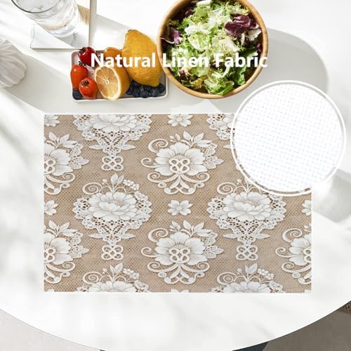 Batmerry Floral Linen Placemats Set of 8, Template White Lace Background Washable Table Mats for Kitchen Table Thickened Heat Insulation Dining Set Indoor Outdoor 12X18 in