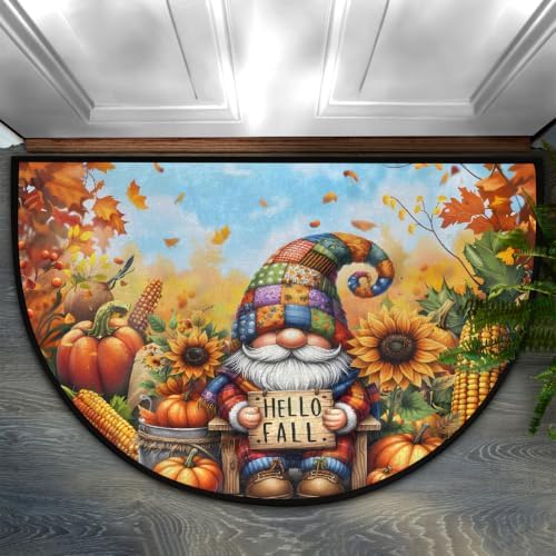Gnome Autumn Half Round Door Mat Non Slip Washable Semi Circle Area Rug Absorbent Soft Half Moon Rug Floor Mat for Indoor Outdoor Kitchen Bathroom Patio Front Door Mat Decor