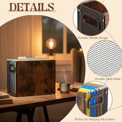 AmazingSpark Wooden Hanging File Organizer Box, 2 Pack Desktop Filing Box with Handles, Solid Wood & Metal File Organizer for Letter Size Hanging Folders, Home Office Storage Decor