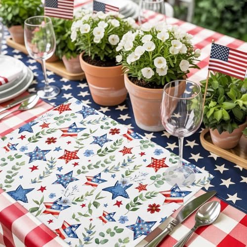 4th of July Placemats Set of 6, Patriotic Star Floral Place Mats Independence Day Dining Table Mats Holiday Party Memorial Day Decor for Kitchen&Linens Outdoor Indoor, Green Eucalyptus Leaves