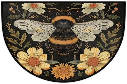Half Round Door Mat Bee Flower Animal Non Slip Washable Semi Circle Area Rug Absorbent Soft Half Moon Rug Floor Mat for Indoor Outdoor Kitchen Bathroom Patio Front Door Mat Decor