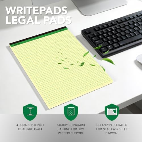 KAISA Graph Paper Legal Pads Writing Pads Recycled Paper 8.5"x11.75" Quad Ruled 4x4 Perforated 50 sheets/pad Grid Paper Yellow Notepads Writing Tablet For Office Supplies (Canary 6pad, 8.5x11.75'')