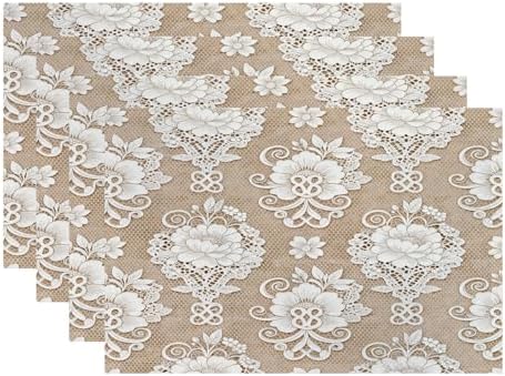Batmerry Floral Linen Placemats Set of 4, Template White Lace Background Washable Table Mats for Kitchen Table Thickened Heat Insulation Dining Set Indoor Outdoor 12X18 in