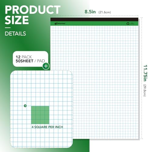 KAISA Graph Paper Legal Pads Writing Pads 6 pad 300 Sheets Recycled Paper 8.5"x11.75" Quad Ruled 4x4 Perforated 50sheets/pad Grid Paper Notepads Writing Tablet White For Office Supplies (White 6pad, 8.5x11.75'')
