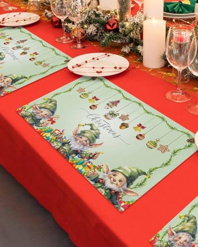 Merry Christmas Placemats Set of 6, Green Christmas Gnome Elf Heat Resistant Washable Table Place Mats Xmas Balls Cotton Table Linens Party Holiday Decor for Kitchen Dining Outdoor Indoor