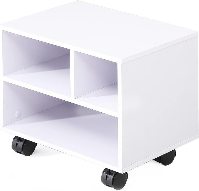 FITUEYES Printer Stand Under Desk, Small Wood Mobile Printer Table, White | Work Cart on Removable Casters, with 3 Storage Organizer Compartments for Home Office, 15.7 in. W x 11.8 in. D x 13.8 in. H