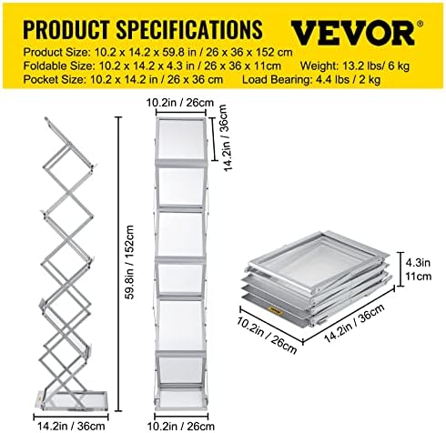 VEVOR Literature Rack, 6 Pockets, Pop up Aluminum Magazine Rack, Lightweight Catalog Holder Stand w/Carrying Bag for Living Room, Hotel, Trade Show, Exhibition, Office