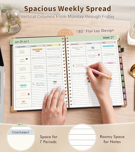 Teacher Planner 2026-2027, July 2026 - June 2027, Academic Weekly & Monthly Calendar Planner with Tabs, 8.5" x 11" A4 Teacher Lesson Plan Book with 7 Periods, Daily Agenda School Organizer for Teacher Student Homeschool, Black Background Pattern