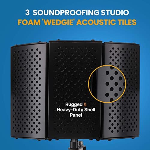 Pyle Compact Microphone Isolation Shield – Portable Studio Mic Sound Dampening Foam Reflector with Adjustable Panels, Acoustic Foam, Tabletop Tripod Stand for Recording & Podcasts