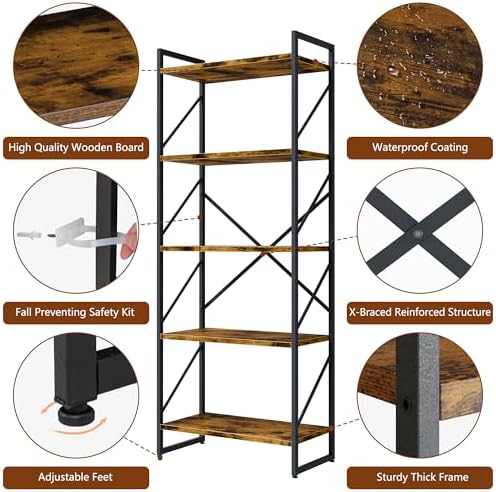 Shintenchi 5 Tiers Bookshelf, Classically Tall Bookcase Shelf, Industrial Book Rack, Modern Book Holder in Bedroom/Living Room/Home/Office, Storage Rack Shelves for Books/Movies-Rustic Brown