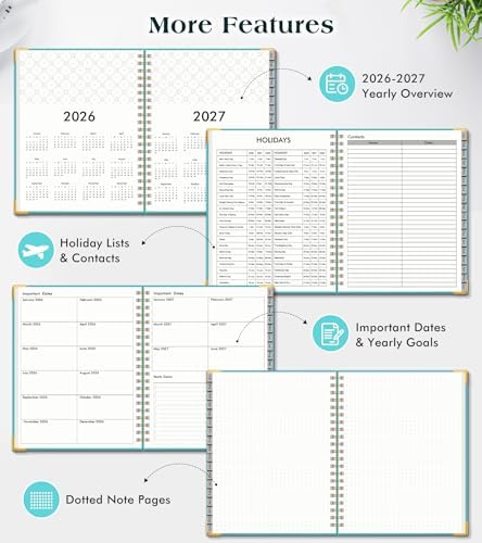 Academic Planner 2026-2027, Weekly and Monthly Hardcover Planner, July 2026 - June 2027, 5.75" x 8.38" A5 Large Daily Calendar Planner Book with Tabs, Spiral Yearly Agenda Organizer Notebook for School Work Home, Aquamarine