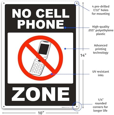 Brimar No Cell Phone Zone Sign, 10" X 14" Plastic, Bold Text & Symbol