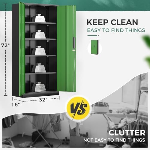 Greenvelly Metal Garage Storage Cabinet, 72" Tall Steel Storage Cabinets with Doors and Adjustable Shelves, Metal Tool Cabinets, Locking File Cabinet for Home Office, Garage, School (Black&Green)