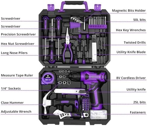 DEKOPRO Tool Set: Tool Kit with 8V Cordless Drill, Hand Toolbox with storage case, Tool set for Home Repairs 126 Piece, Purple