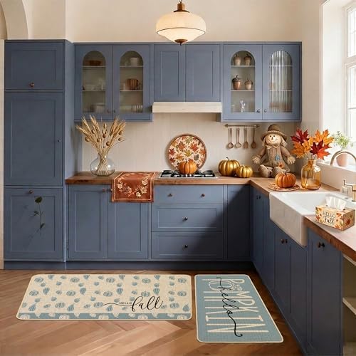 Baccessor Fall Kitchen Rugs Set of 2, Blue Pumpkin Kitchen Mats for Floor Washable Low-Profile Farmhouse Autumn Holiday Home Indoor Outdoor Decor 17x29 and 17x47 Inch